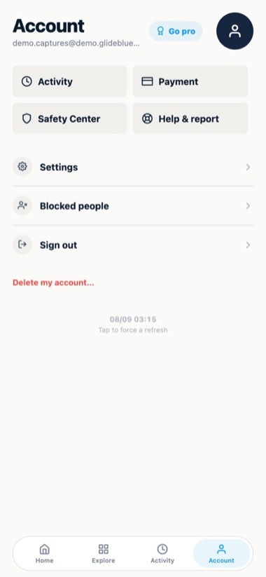 Your account — screen of the GlideBlue application