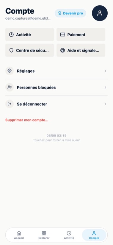 Votre compte — écran de l'application GlideBlue