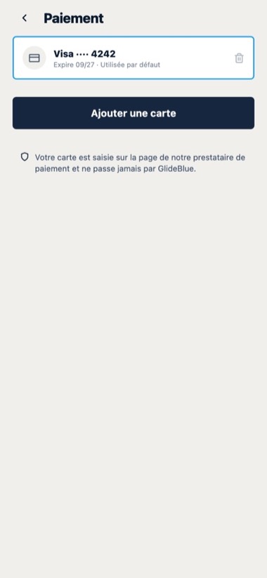 Le paiement — écran de l'application GlideBlue