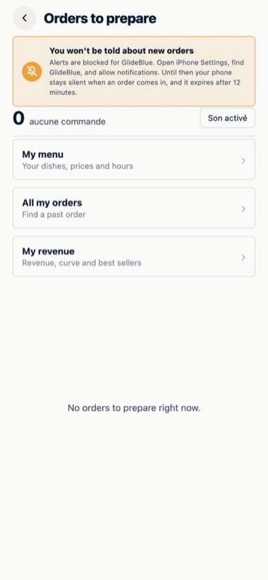 Galley orders — screen of the GlideBlue application