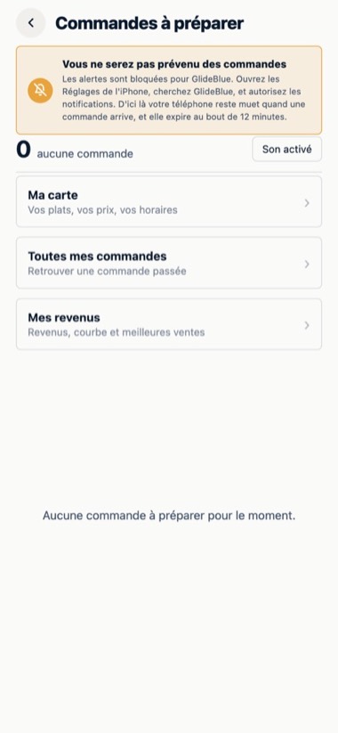 Les commandes Galley — écran de l'application GlideBlue