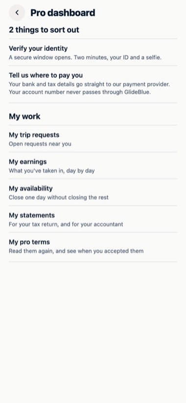 The dashboard — screen of the GlideBlue application