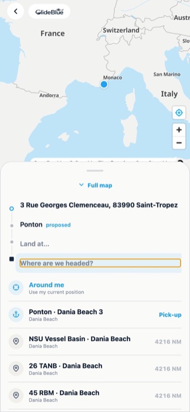 Screen of the GlideBlue application